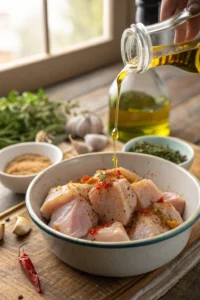 Raw chicken chunks coated in olive oil and seasonings