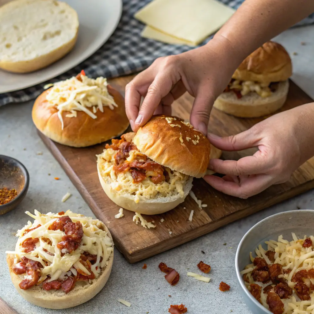 Chicken bacon ranch filling spread over slider buns