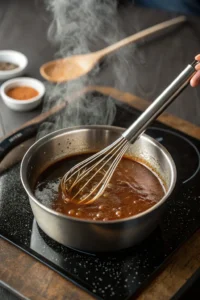 Teriyaki sauce simmering in a saucepan with a whisk