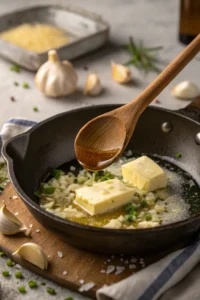 Minced garlic sautéing in butter inside a skillet