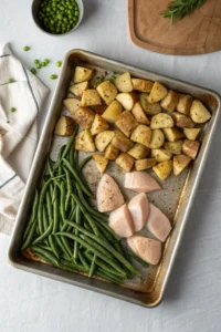 Sheet pan with chicken, potatoes, and green beans ready for baking