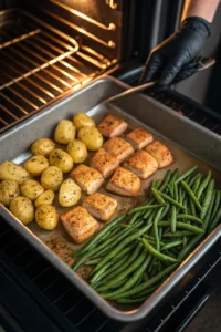 Roasted chicken potatoes and green beans on a sheet pan in oven