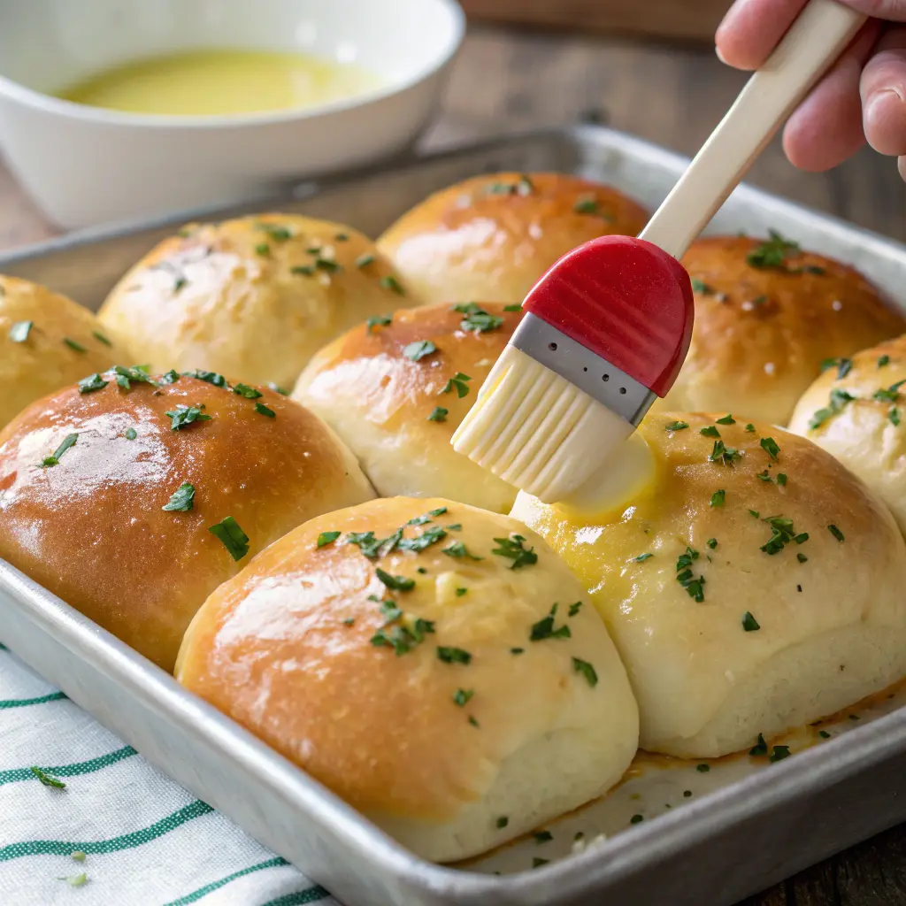 Brushing garlic butter on top of sliders