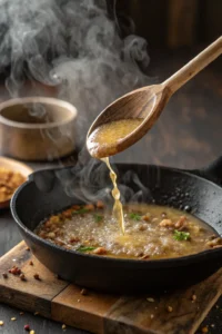 Deglazing a skillet with chicken broth and scraping browned bits with a spoon