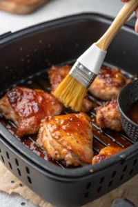 Glaze being brushed onto air-fried chicken pieces