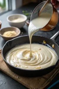 Pouring heavy cream into a skillet of simmering chicken broth