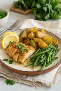 Finished one-pan chicken, potatoes, and green beans garnished with lemon and parsley