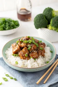 Air fryer teriyaki chicken plated with rice and garnishes
