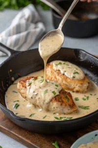 Returning cooked chicken to skillet and spooning garlic parmesan sauce over top