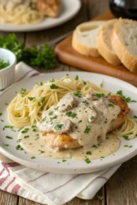 Creamy garlic parmesan chicken covered in sauce and garnished with parsley on a white plate