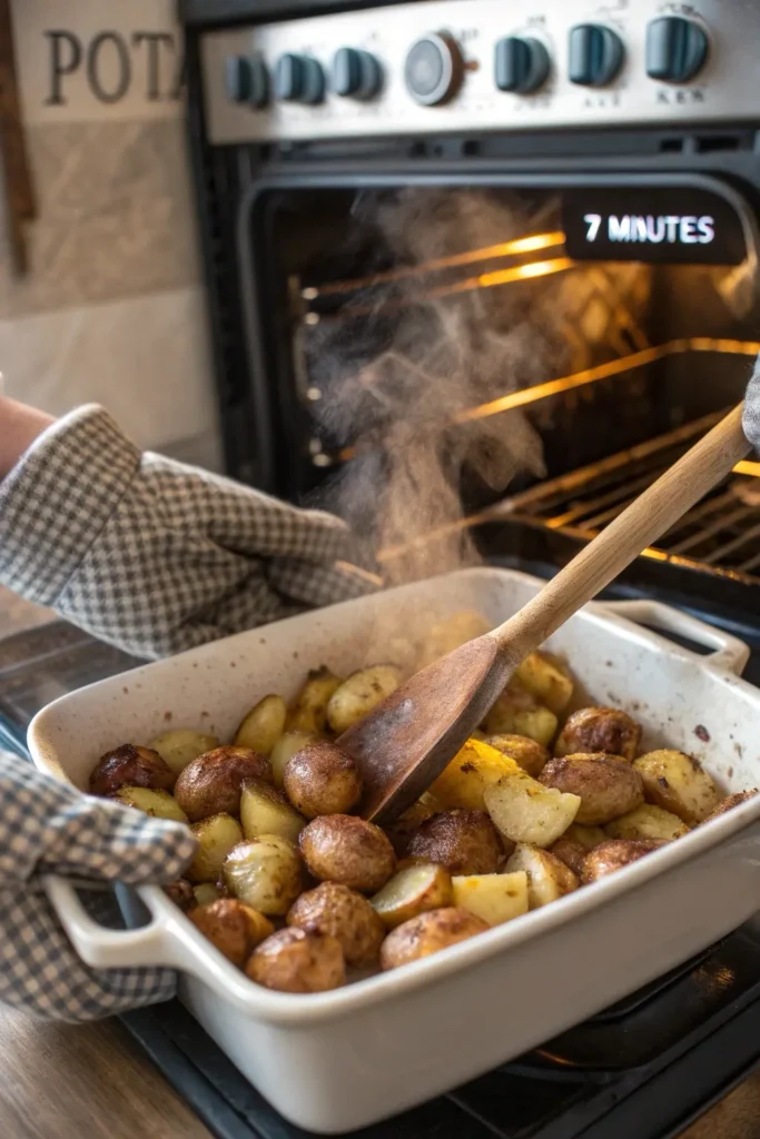 Stirring partially cooked Potatoes O'Brien with wooden spoon during baking process for even browning