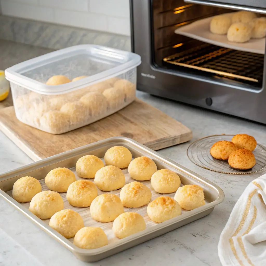 Brazilian cheese bread storage in airtight container and reheating setup on baking sheet