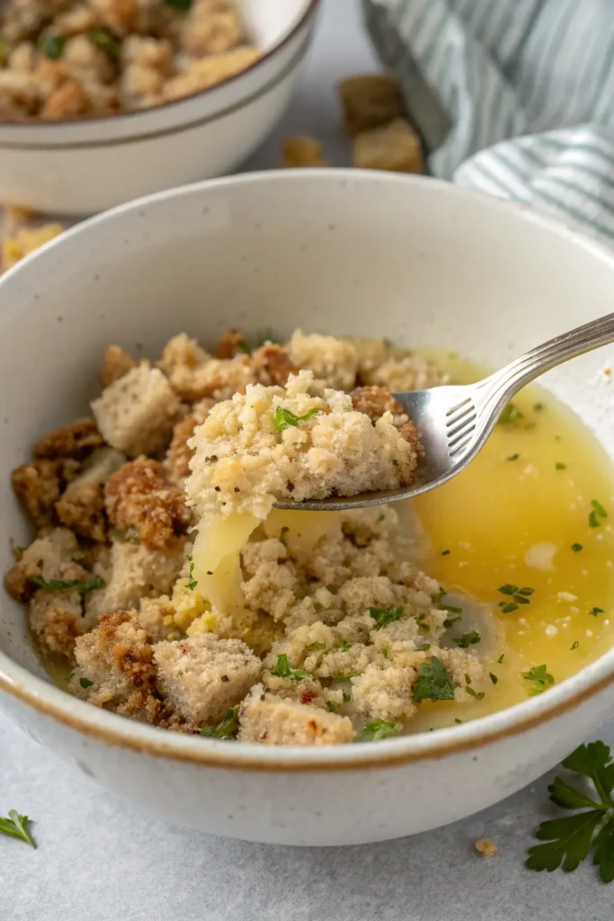 Stuffing mix being combined with butter and broth in mixing bowl