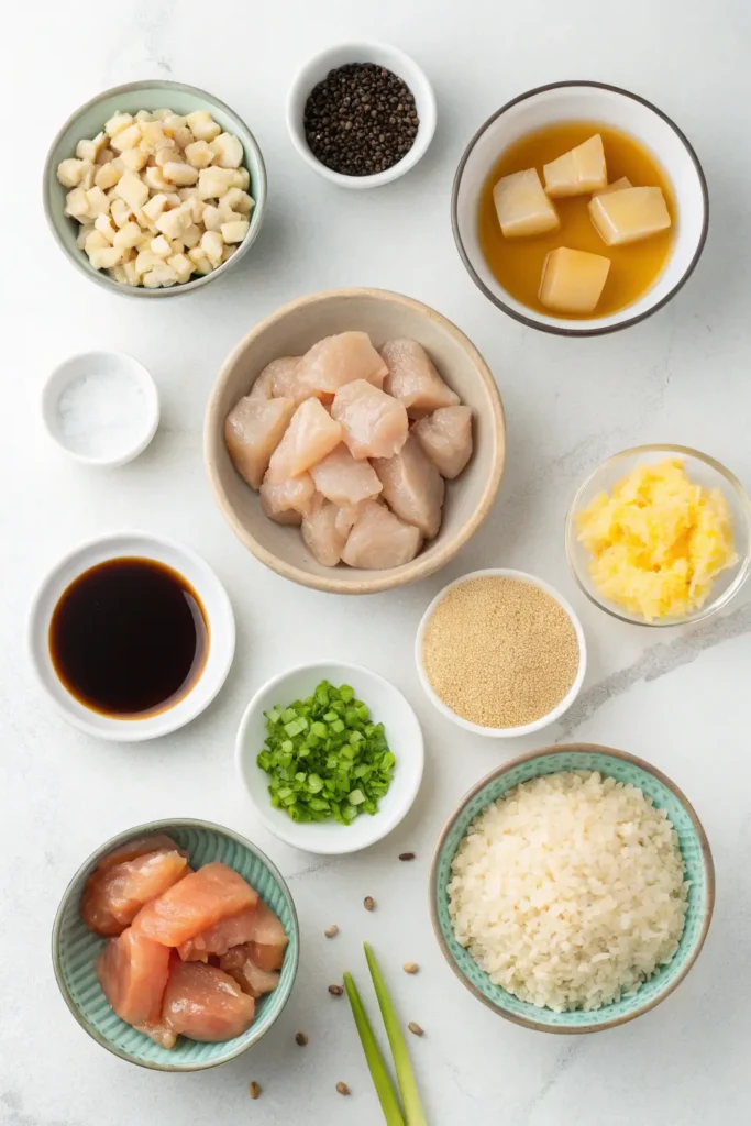 Ingredients for air fryer teriyaki chicken recipe laid out on a counter