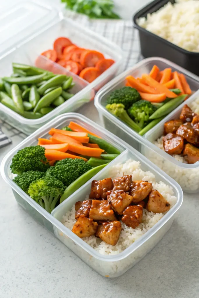 Meal prep containers with teriyaki chicken, rice, and vegetables