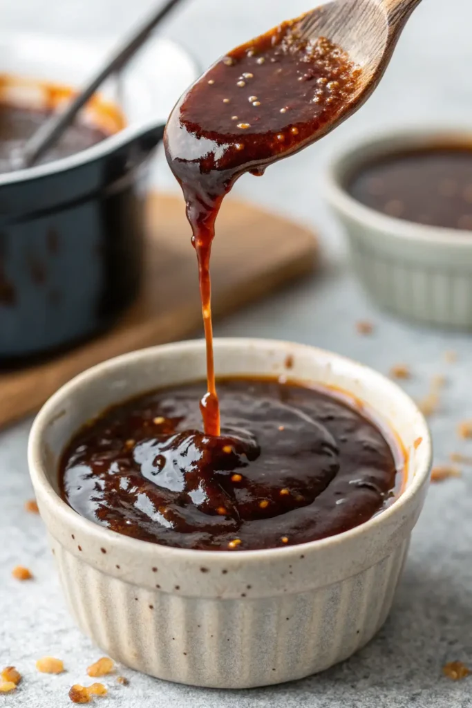 Thick teriyaki glaze dripping from spoon