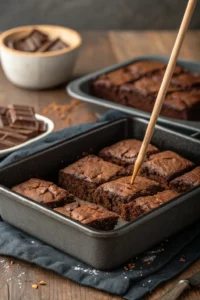 A toothpick inserted into the center of the baked brownies in a dark pan, showing moist crumbs for a fudgy texture.