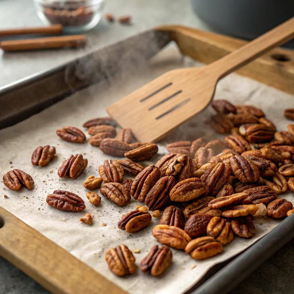 Golden-brown toasted pecans on a baking sheet, some whole and some chopped, showing the proper toasting color and texture