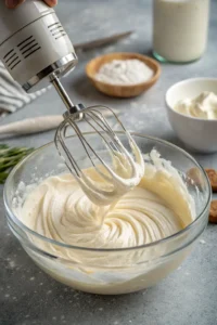 An electric mixer whipping Greek yogurt into a light and fluffy mousse consistency.