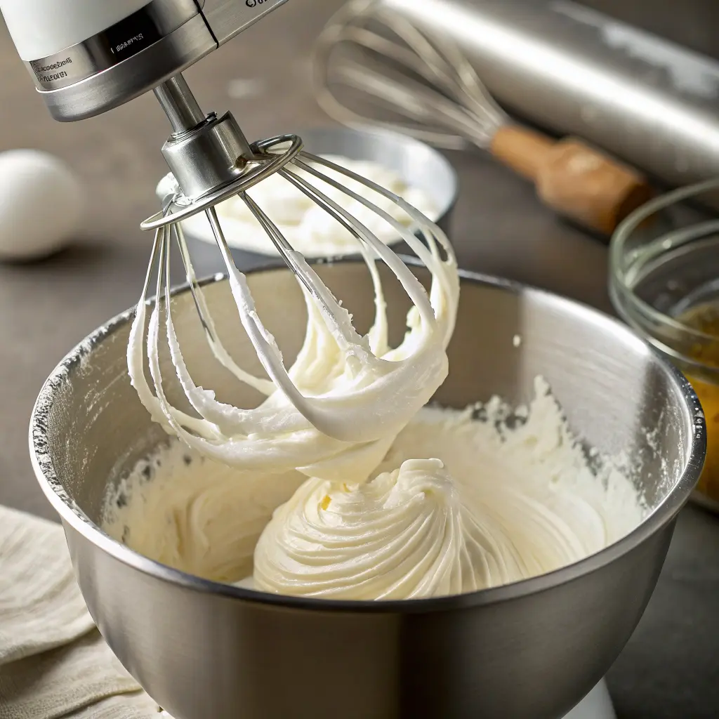 A close-up action shot of an electric mixer whipping Greek yogurt into a light, fluffy mousse.
