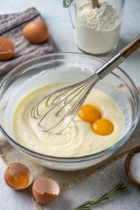 Whisking Greek yogurt and eggs together in a glass bowl until smooth.